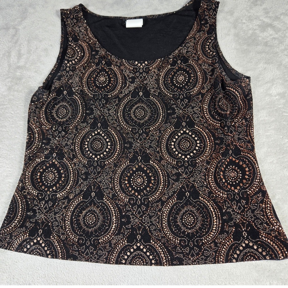 XSCAPE by Joanna Chen Metallic Medallion Sleeveless Top Black Rose Gold X5848 L
